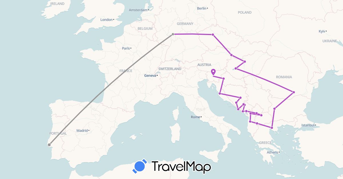 TravelMap itinerary: plane, train in Albania, Bosnia and Herzegovina, Bulgaria, Czech Republic, Germany, Greece, Croatia, Hungary, Montenegro, Macedonia, Portugal, Romania, Serbia, Slovenia, Slovakia (Europe)